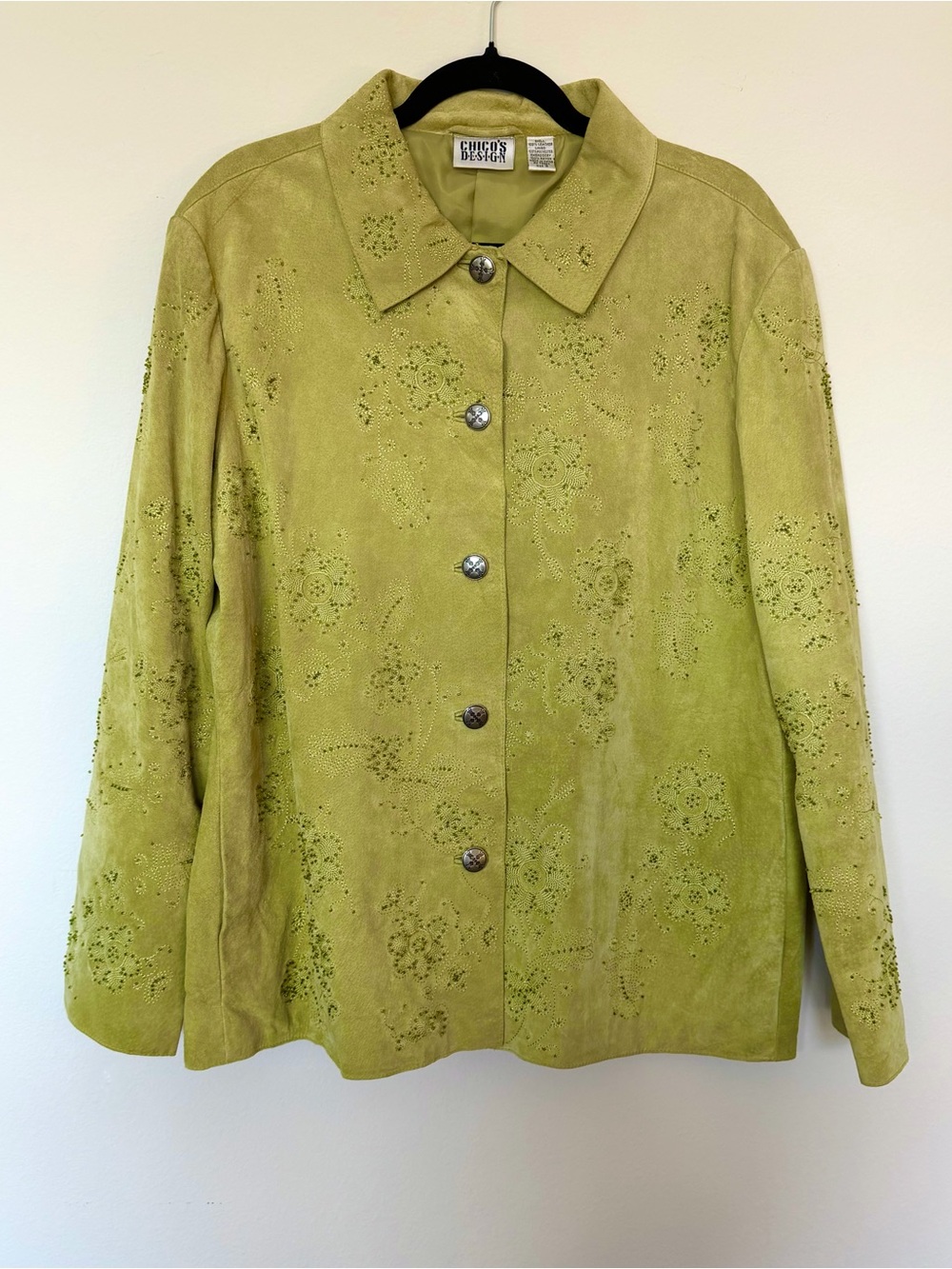Chico's Chartreuse Green Beaded Embroidered Suede Jacket XL